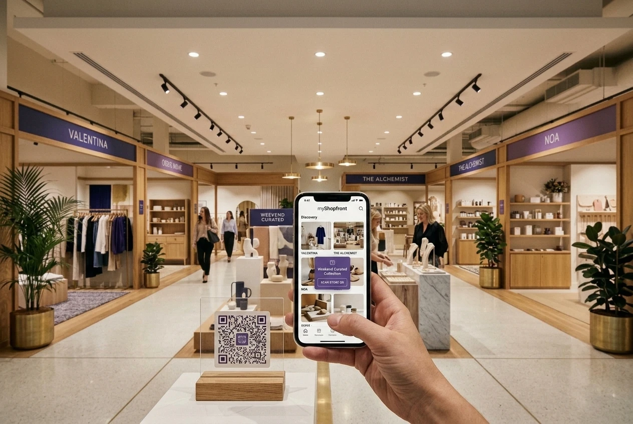 Shopper using the myShopfront app beside a QR plaque inside an upscale phygital retail hall with curated brand booths